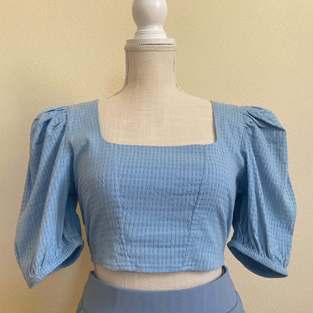 Blue Textured Crop Blouse